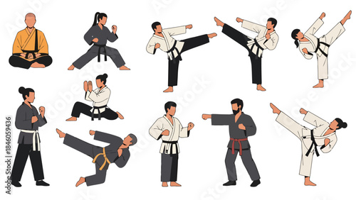 Karate Practitioners Performing Dynamic Martial Arts Techniques in a Studio Setting