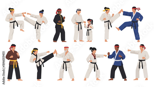 Diverse Martial Arts Practitioners Performing High Kicks in Dojo