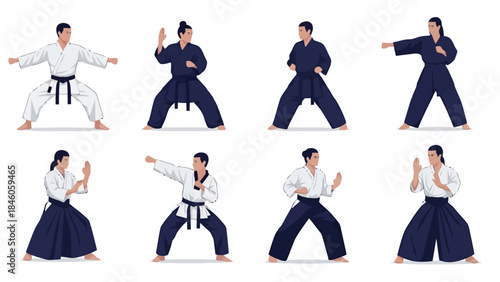 Group of Martial Arts Practitioners Demonstrating Basic Techniques in a Studio