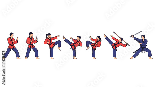 Dynamic Group of Martial Arts Practice with Kids and Teens in a Karate Class