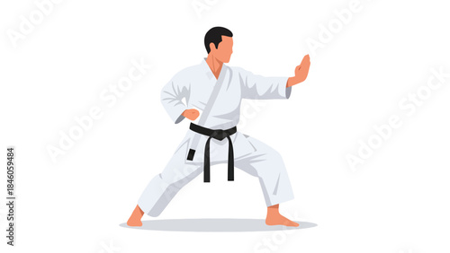 Focused Martial Artist Performing a High Kick in Traditional Karate Uniform