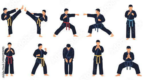 Young Martial Artists Performing Dynamic Karate Kicks in Uniforms