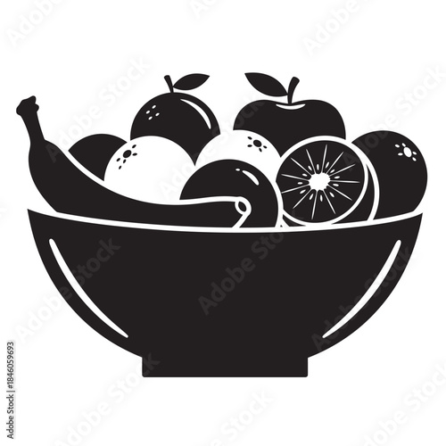 Black silhouette of a fruit bowl overflowing with healthy produce including bananas, apples, kiwi, and citrus, symbolizing fresh diet, vitamins, and natural nutrition.