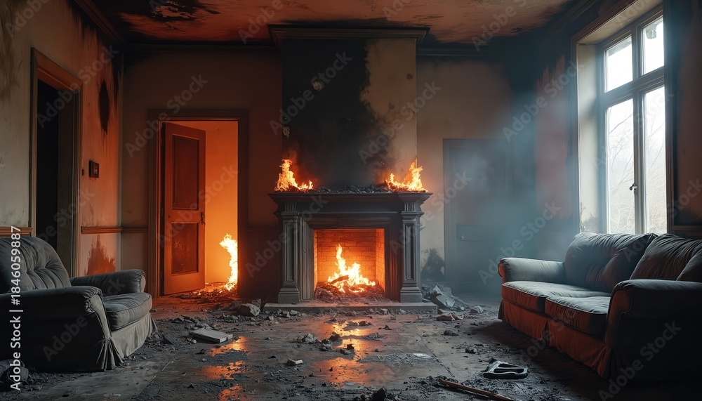 Fototapeta premium Interior room damaged by fire. Flames erupt from fireplace, smoke fills air. Furniture, debris scattered on floor. Home needs repair after disaster, destruction evident.
