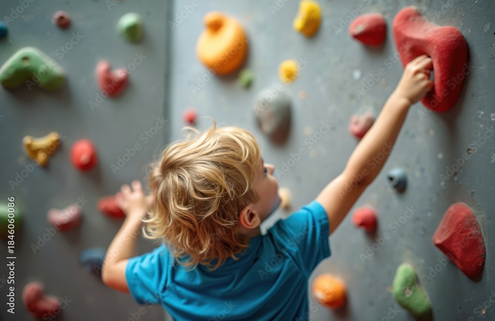 Fototapeta premium Young boy with blond hair climbs indoors on artificial rock wall. Child uses colorful hand holds, trains physical skills, develops grip strength. He reaches up for next foothold.