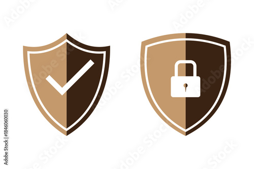 Security shield icons, security shields logotypes with check mark and safe lock. Safety shield symbols