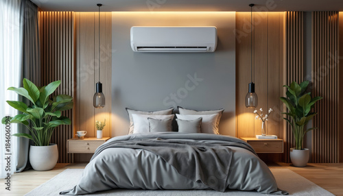 Modern bedroom with sleek air conditioner mounted above comfortable bed. Room features wood paneling, soft lighting, and large green plants. Designed for comfort and style in contemporary home.