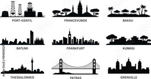 African cityscapes detailed black vector image of famous architectural landmarks of africa