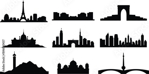 City skyline silhouettes representing various locations of famous world landmarks