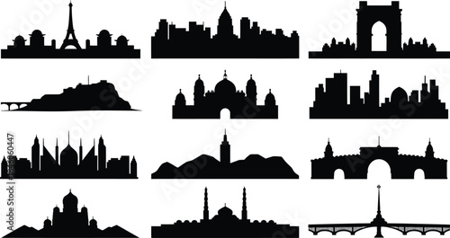 City skyline silhouettes various famous buildings and landmarks collection vector