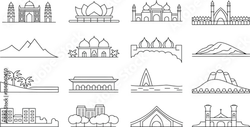 Cityscape collection landmarks and skyline silhouette drawings in linear and outline style