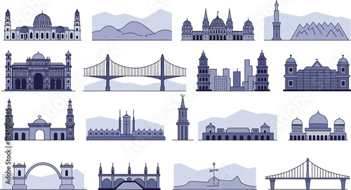 Cityscape with world landmarks in various architectural designs with skyline silhouettes