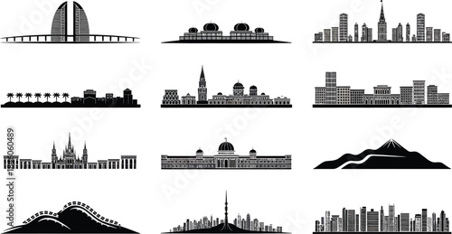 Collection of city skylines and silhouettes with various buildings and landmarks