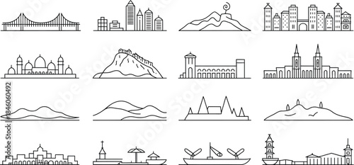 Collection of Landmarks and Cityscapes Silhouette Outline Vector Illustration Design