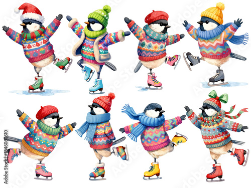 This whimsical character set features eight cheerful sparrows dressed in vibrant winter attire, each performing joyful ice-skating poses.
