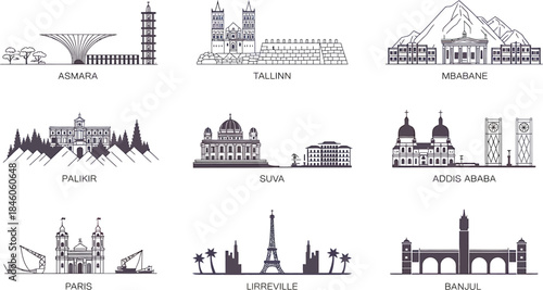 Landmarks Line Art Collection Featuring Asmara Tallinn Mbabane Addis Ababa Cities Vector