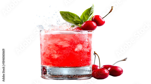A modern cocktail aesthetic frames a red cherry bourbon cocktail isolated on white PNG