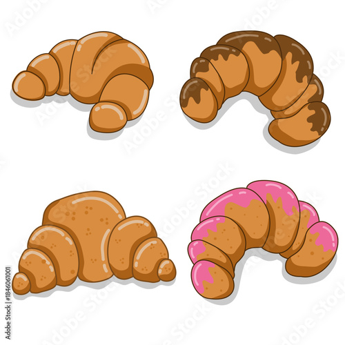 Croissants set, some with chocolate and strawberry toppings designed in flat cartoon style, vector illustration. suitable for culinary menus in cafes, restaurants or bakeries.