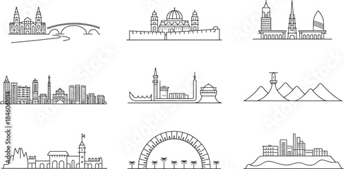Set silhouette arab buildings ancient mosque tourism architecture landmarks famous