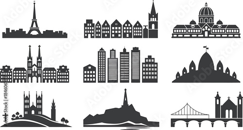 Set of various city skylines in silhouette on transparent background illustration