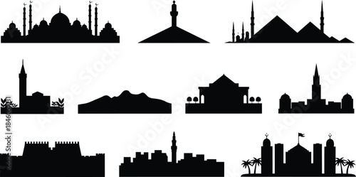 Set silhouette arab buildings ancient mosque tourism architecture landmarks famous