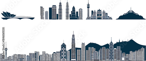 Silhouette of cities and famous landmarks from around world in front of transparent background
