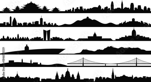 Silhouette of asian cities famous places buildings landmarks temples vector illustration