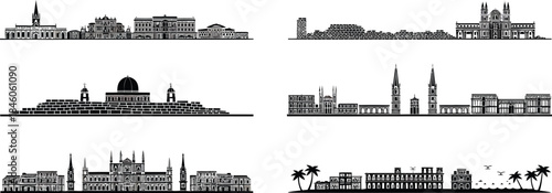 Silhouette of underwater cities famous places buildings landmarks vector illustration