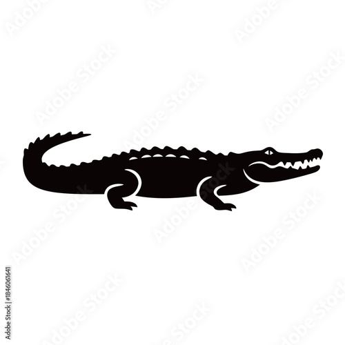 Black silhouette of a powerful crocodile or alligator with detailed scales and sharp teeth, symbolizing danger, wilderness, reptile wildlife, and predatory nature.