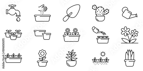Comprehensive Line Icon Set for Gardening, Planting, and Horticulture, Featuring Essential Tools, Various Potted Plants, and Cultivation Activities