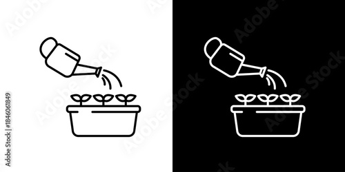 Minimalist Line Art Icon Depicting a Watering Can Nurturing Delicate Plant Sprouts in a Planter, Symbolizing Growth, Cultivation, New Beginnings, and Sustainable Gardening Practices