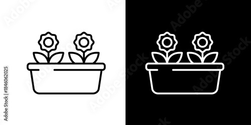 Gardening planter box with blooming flowers icon set, isolated on white and black backgrounds