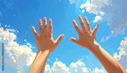 青空に手をかざす子供達の手　AI生成素材