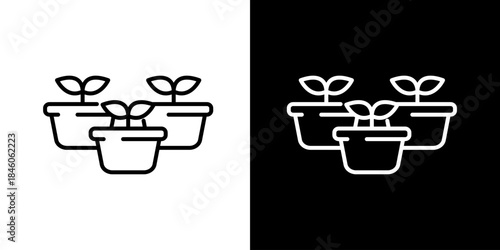 Seedling Growth Icons A Collection of Small Plant Pots on a White and Black Background