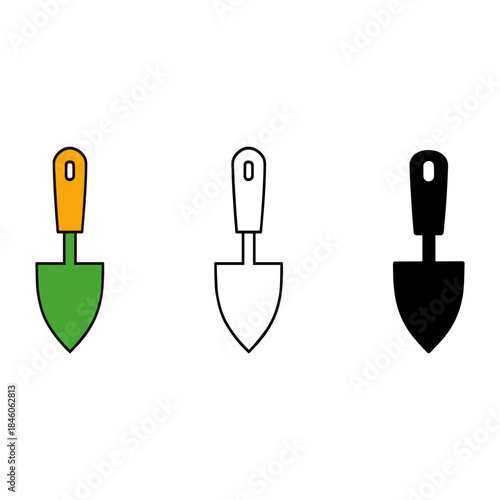 Set of three trowel icons colored, outline, and solid black
A collection of three different styles of a small hand trowel icon: one colored (green blade, orange handle), one simple outline.