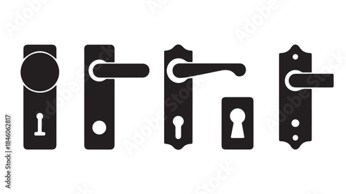 Classic and modern door handles and keyholes in black silhouette on white clean vector icon set for home security and architectural design.