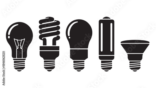 Different types of light bulbs in modern minimalist black silhouette icon set for energy efficiency comparison.