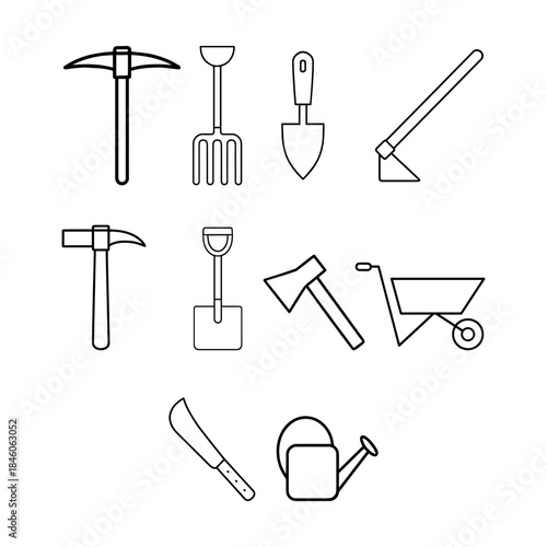 Set of gardening and construction hand tools icons outline
A collection of black and white outline icons representing various gardening and construction hand tools, including a pickaxe, pitchfork,