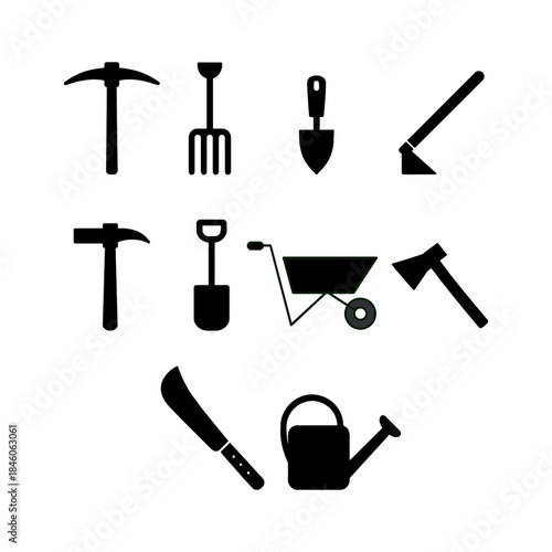 Set of gardening and farming tools icons
A collection of black silhouette icons representing various gardening and farming tools, including a pickaxe, pitchfork, trowel, hoe, hammer, shovel.