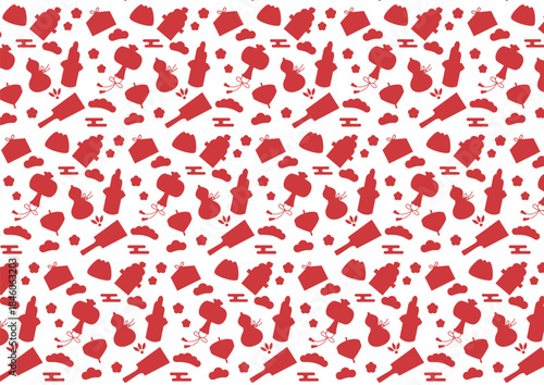 シンプルなお正月の縁起物のシルエットのシームレスパターン素材（赤）