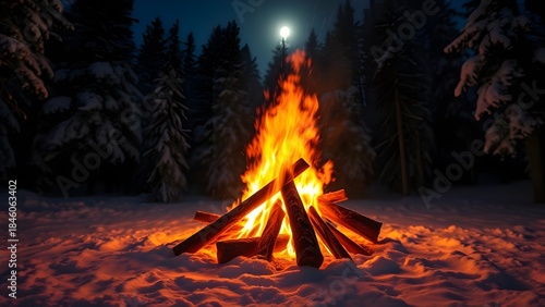 a bonfire during the night in a winter forest