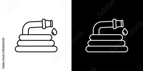 Minimalist outline icon  illustration depicting a flexible garden hose, coiled, with a water drop, representing household outdoor tasks or water supply