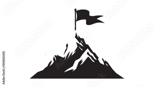 Mountain Peak with Flag on Top, Black Silhouette Isolated on White, Symbolizing Achievement and Success