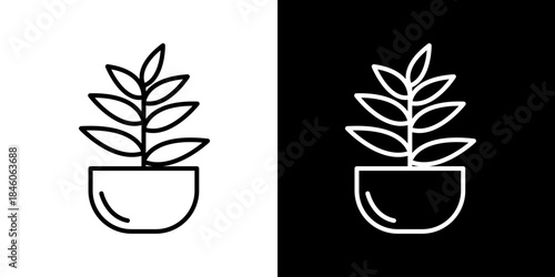 Minimalist line art icon llustration of a potted plant, presented in both black and white versions