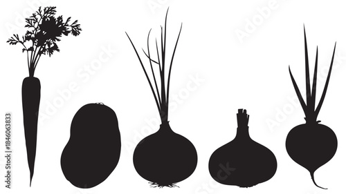 Various Root Vegetables Stylized Graphic High Contrast Black Clean Vector Silhouettes for Healthy Food and Organic Produce Branding.