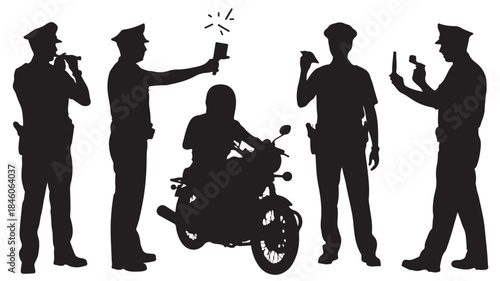 Police officers and motorcyclist silhouette illustration in dark monochrome graphic for traffic law enforcement.