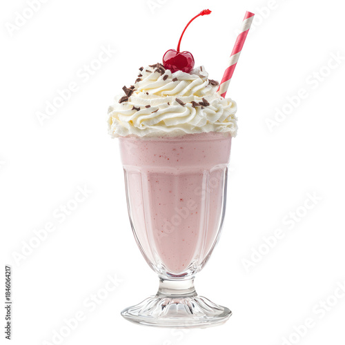 A strawberry milkshake with whipped cream and a cherry on top.