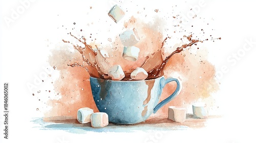 A vibrant watercolor illustration of a blue cup spilling liquid with marshmallows splashing amidst a colorful background.