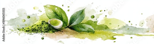 A vibrant watercolor illustration of matcha powder, tea leaves, and a bowl, showcasing the natural essence of green tea.