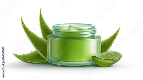 A green aloe vera gel jar surrounded by fresh aloe leaves, showcasing skincare and natural beauty.